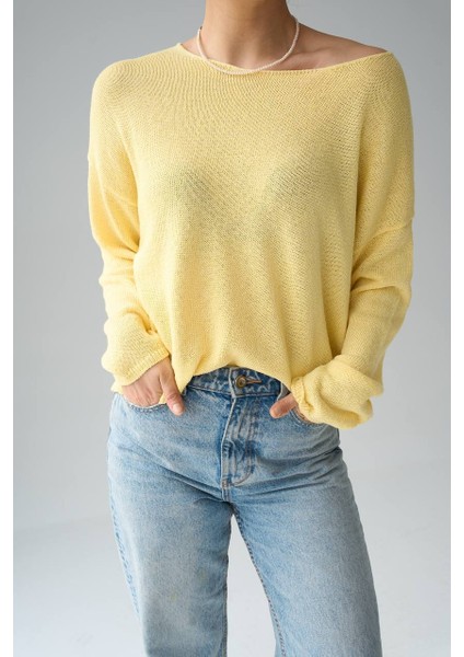 Kadın Ince Triko Kazak – Pembe & Sarı, Yuvarlak Yaka, Hafif Salaş Fit