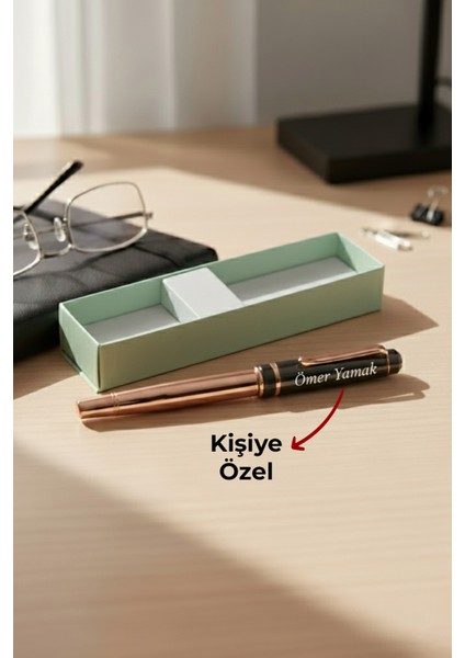 Kişiye Özel Isim Baskılı Rose Gold Tükenmez Kalem Prestij Lüx Kutulu Roller Kalem Imza Kalemi