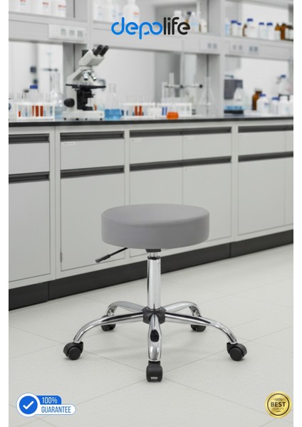 Döner Ofis Kasiyer Taburesi Tekerlekli Deri Döşeme Oturak Eczane Laboratuvar Büro Çalışma Koltuğu
