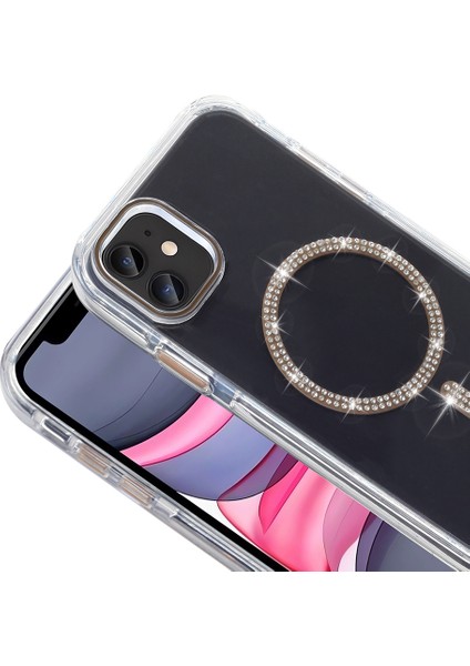 iPhone 11 Kılıf Taşlı Tasarım M-Safe Şarj Özellikli Zore Koment Silikon Kapak - Gold modelleri