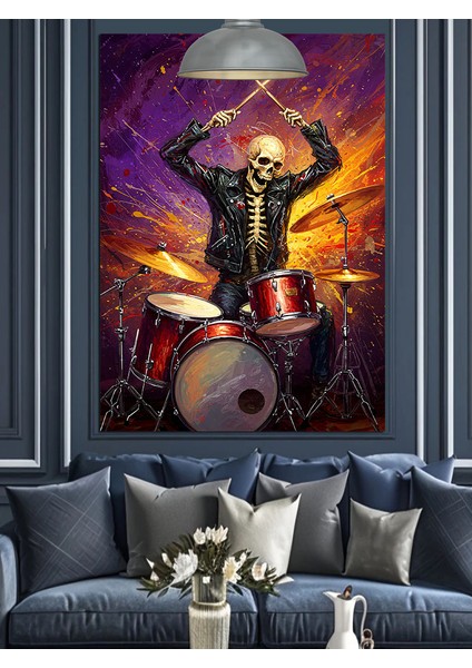 Davul Çalan Iskelet Dekoratif Kanvas - Mdf Ahşap Tablo
