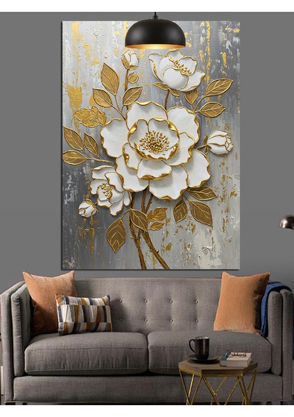 Altın Beyaz Çiçek Dekoratif Kanvas - Mdf Ahşap Tablo