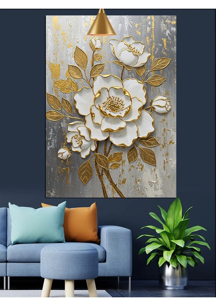 Altın Beyaz Çiçek Dekoratif Kanvas - Mdf Ahşap Tablo fiyatları