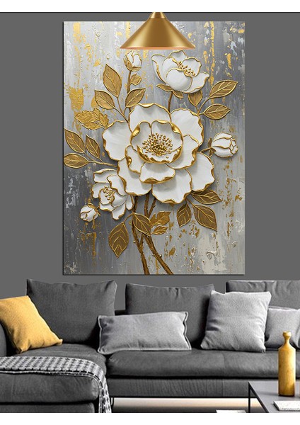 Altın Beyaz Çiçek Dekoratif Kanvas - Mdf Ahşap Tablo fırsatları