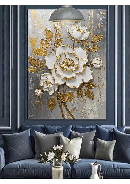 Altın Beyaz Çiçek Dekoratif Kanvas - Mdf Ahşap Tablo indirimleri