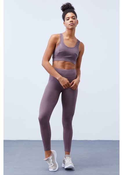 Gül Kurusu Yüksek Bel Toparlayıcılı Sırt Detaylı Slim Fit Büstiyer Kadın Tayt Takım - 95281