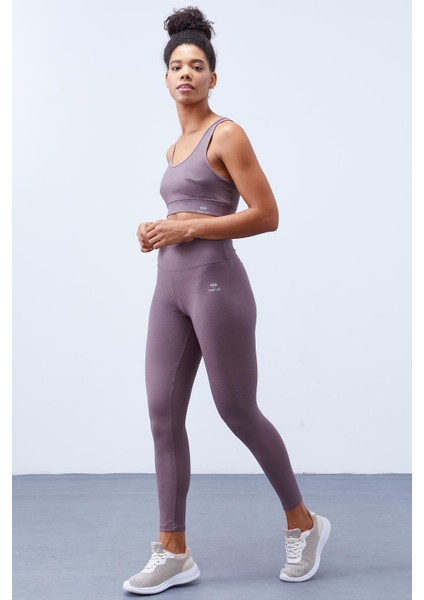 Gül Kurusu Yüksek Bel Toparlayıcılı Sırt Detaylı Slim Fit Büstiyer Kadın Tayt Takım - 95281