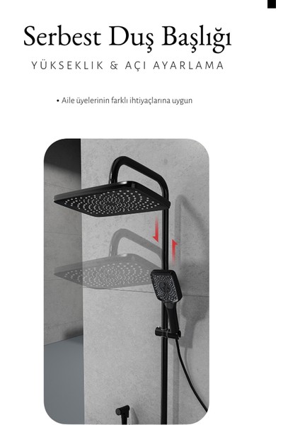 Premium Siyah Duş Sistemi Seti - 4 Fonksiyonlu Yağmur Duş Başlığı, Temperli Cam Raf, Masajlı El Duşu modelleri