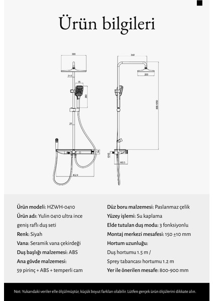Premium Siyah Duş Sistemi Seti - 4 Fonksiyonlu Yağmur Duş Başlığı, Temperli Cam Raf, Masajlı El Duşu