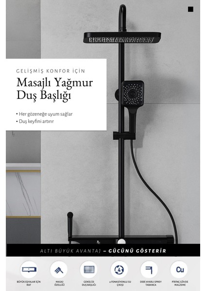 Premium Siyah Duş Sistemi Seti - 4 Fonksiyonlu Yağmur Duş Başlığı, Temperli Cam Raf, Masajlı El Duşu