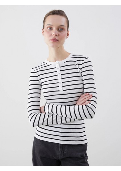 Lcwaıkıkı Classic Beyaz Bisiklet Yaka Çizgili Kadın Tişört