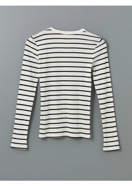 Lcwaıkıkı Classic Beyaz Bisiklet Yaka Çizgili Kadın Tişört