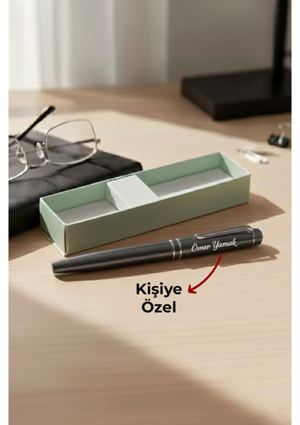 Kişiye Özel Isim Baskılı Füme Gümüş Halkalı Tükenmez Kalem Prestij Lüx Kutulu Imza Kalemi