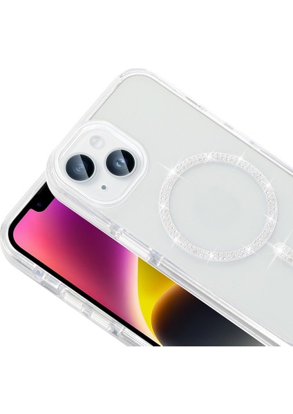 iPhone 13 Kılıf Taşlı Tasarım M-Safe Şarj Özellikli Zore Koment Silikon Kapak - Gold modelleri