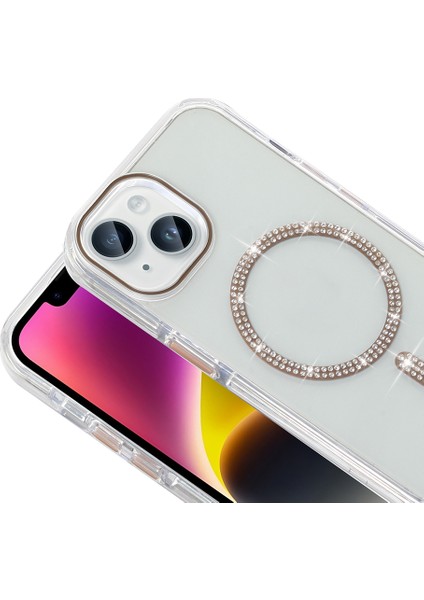 iPhone 13 Kılıf Taşlı Tasarım M-Safe Şarj Özellikli Zore Koment Silikon Kapak - Gold