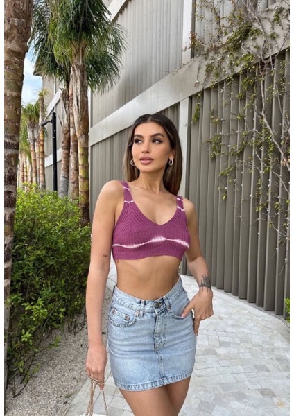 Mor V Yaka Kadın Mini Crop Top