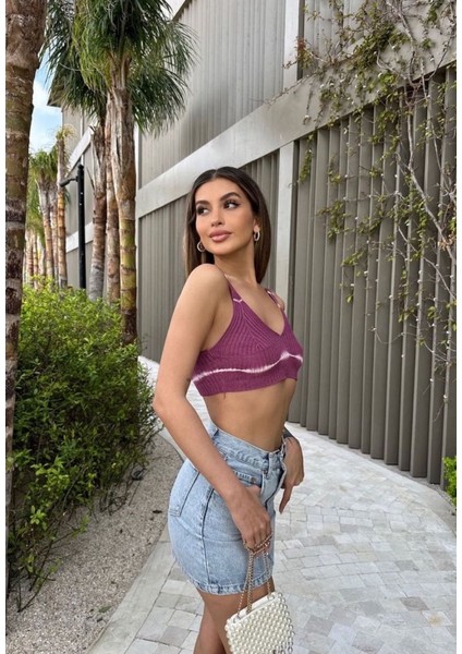 Mor V Yaka Kadın Mini Crop Top fiyatları