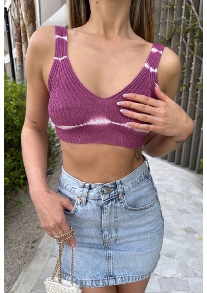 Mor V Yaka Kadın Mini Crop Top modelleri