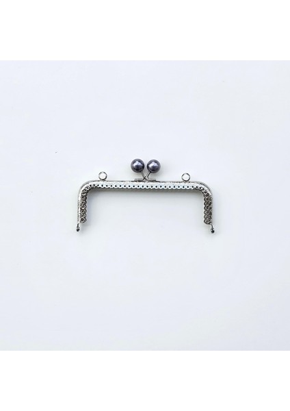 Köşeli Gri Boncuklu Işleme Baskılı Askılıklı Çanta ve Cüzdan Bursu - Klipsi Gümüş 15 cm