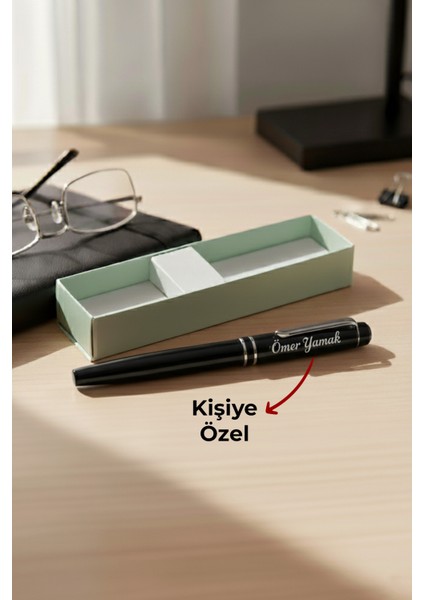 Kişiye Özel Isim Baskılı Siyah Gümüş Halkalı Tükenmez Kalem Prestij Lüx Kutulu Imza Kalemi