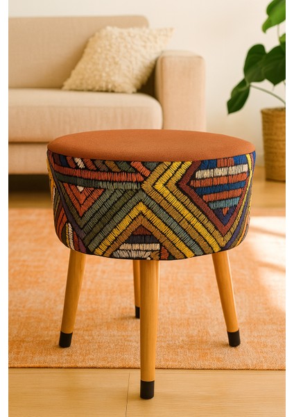 Puf Koltuk Tabure // Ua-Puf-0002 Etna Gökkuşağı Turuncu // Ahşap Gürgen ayaklı