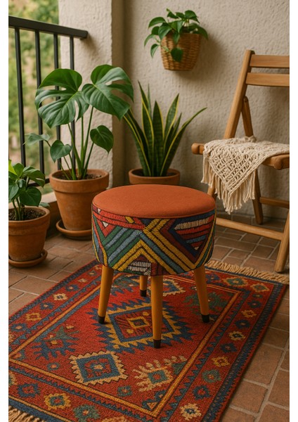 Puf Koltuk Tabure // Ua-Puf-0002 Etna Gökkuşağı Turuncu // Ahşap Gürgen ayaklı