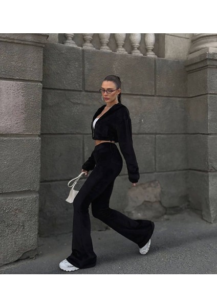 Crop Top Ispanyol Paça Siyah Kadife Eşofman Alt Üst Takım 2 Parça Fermuarlı