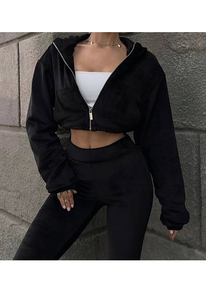 Crop Top Ispanyol Paça Siyah Kadife Eşofman Alt Üst Takım 2 Parça Fermuarlı fiyatları