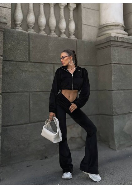 Crop Top Ispanyol Paça Siyah Kadife Eşofman Alt Üst Takım 2 Parça Fermuarlı modelleri