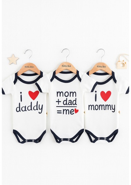 3 Lü %100 Pamuk Organik Baskılı Unisex Kız Erkek Çıtçıtlı Body Zıbın 0-3 Ay 3 Yaş Arası Mom+Dad=me