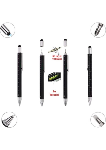 Kişiye Özel Siyah Mimar, Mühendis Kalem - Su Terazili, Cetvelli, Tornavidalı modelleri