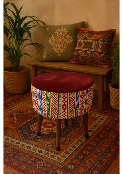 Puf Koltuk Bench Tabure – Modern Kilim Bordo - Ahşap Ayaklı - Doğal Modern Stil