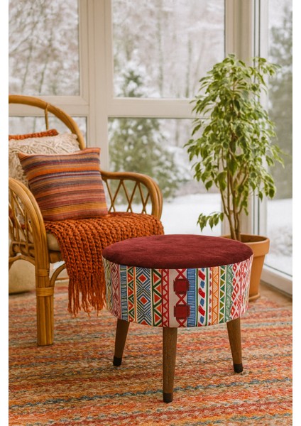 Puf Koltuk Bench Tabure – Modern Kilim Bordo - Ahşap Ayaklı - Doğal Modern Stil