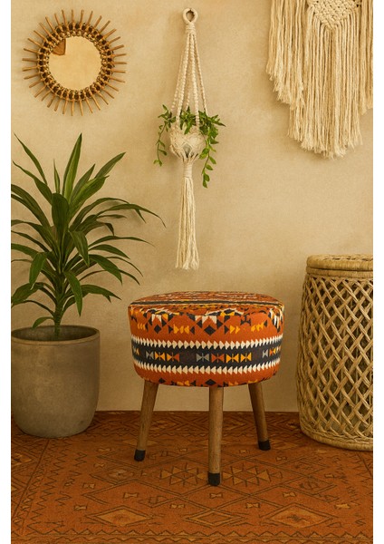 Puf Koltuk Bench Tabure – Anadolu Kilim Turuncu - Ahşap Ayaklı