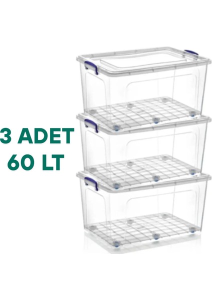 Tekerlekli Kilitli Saklama Kutusu 60 Litre 3 Adet Tekerlekli Saklama Kabı Depolama Düzenleyici