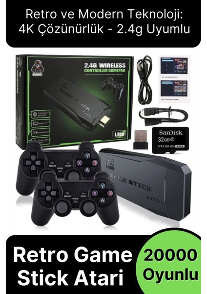 Nostaljik 4K Çözünürlük 2.4g Uyumlu Kablosuz Çift Kol Konsol Retro 20000 Oyunlu Game Stick Atari