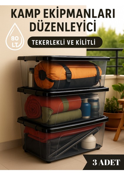 80 Lt Tekerlekli ve Kilitli Saklama Kutusu 3'lü Set Gıda Temasına Uygun Antrasit Depolama Kutusu fiyatları
