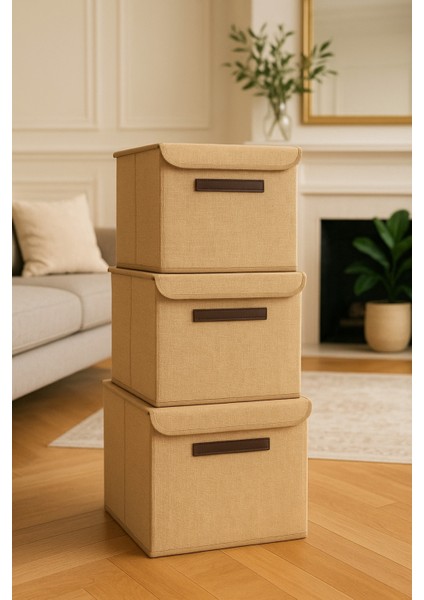 3’lü Katlanabilir Kapaklı Saklama Kutusu – Dolap Içi Düzenleyici Jüt Kutu