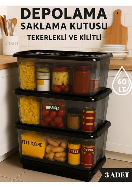 60 Lt Tekerlekli ve Kilitli Saklama Kutusu 3'lü Set Gıda Temasına Uygun Antrasit Depolama Kutusu