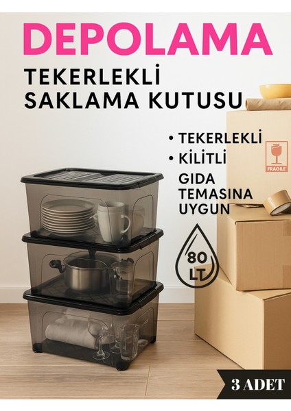 80 Lt Tekerlekli Saklama Kutusu (3'lü Set) - Kilitli, Gıda Temasına Uygun, Şeffaf Depolama Kutusu