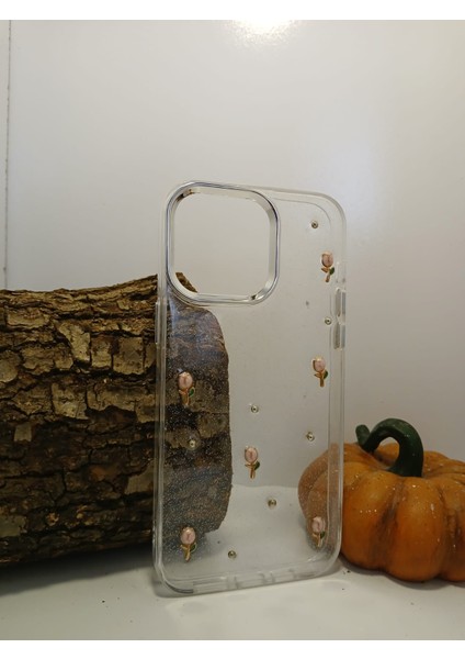 Iphone 14 Pro Max Telefon Kılıfı Renkli Bakır Detaylı Simli Gül Desenli Kapak