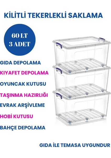60 Litre Kilitli Tekerlekli Saklama Kabı – Şeffaf Gıda Depolama Kutusu, Oyuncak Kıyafet Düzenleyici