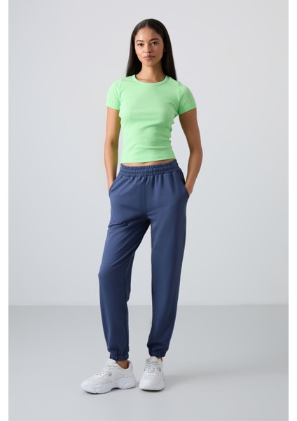 Petrol Cepli Yüksek Bel Rahat Form Lastik Paça Kadın Eşofman Alt - 94583