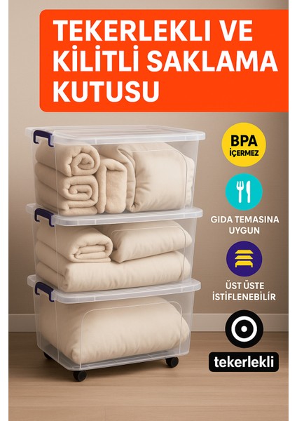 3'lü Set 80 Lt Tekerlekli Kilitli Şeffaf Saklama Kutusu Büyük Boy Plastik Düzenleyeci Saklama Kabı