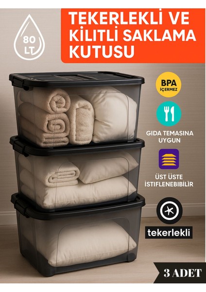 80 Lt Tekerlekli Kilitli Saklama Kutusu 3’lü Set Kapaklı Şeffaf Bpa Içermez Üst Üste Istiflenebilir