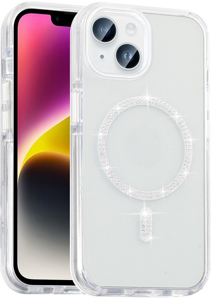 iPhone 14 Kılıf Taşlı Tasarım M-Safe Şarj Özellikli Zore Koment Silikon Kapak - Gümüş