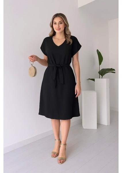 Kadın Kısa Kollu V Yakalı Beli Kuşaklı Ithal Keten Elbise