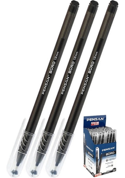 Siyah Tükenmez Kalem 1.0mm 3 Adet Pensan Büro Tipi Ballpoint Büro Plastik Kapaklı Tükenmez Kalem