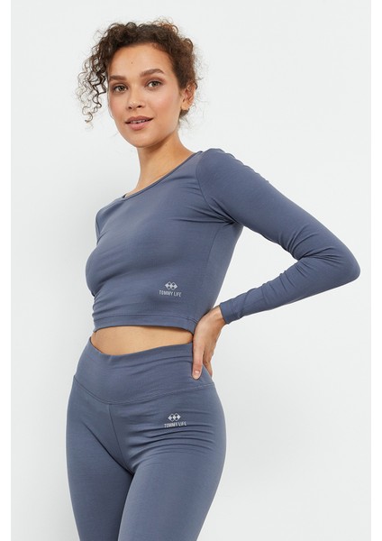 Petrol Uzun Kollu Dar Kalıp O Yaka Kadın Crop Top T-Shirt - 97150