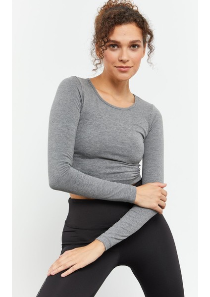 Gri Melanj Uzun Kollu Dar Kalıp O Yaka Kadın Crop Top T-Shirt - 97150 indirimleri